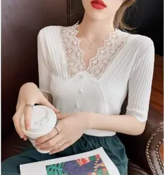人気商品♡レーストップス 刺繍 ニット 半袖 白 ホワイト フリーサイズ 韓国