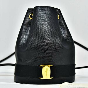 極美品 鑑定済 サルヴァトーレ フェラガモ SALVATORE FERRAGAMO リュックサック 巾着バッグ ヴァラリボン レザー ブラック 即日配送 K385G