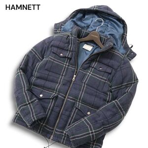 HAMNETT キャサリン ハムネット 秋冬 ウール★ フード着脱可 チェック ダウン ジャケット Sz.L　メンズ ネイビー　C4T10374_B#N