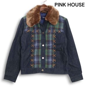 PINK HOUSE ピンクハウス 秋冬 ファー襟♪ チェック柄 切替 デニム ジャケット Sz.M　レディース　K4T02214_C#N