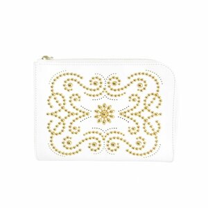 ほぼ未使用 コスチュームプレイ メタルジャケット FLORAL EMBLEM CLUTCH POUCH レザー スタッズ クラッチバッグ ポーチ ホワイト×ゴールド