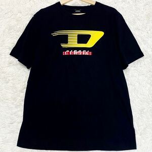 極美品/L相当●DIESEL ディーゼル 半袖シャツ Tシャツ カットソー トップス クルーネック ストレッチ Dロゴ プリント加工 黒 ブラック 夏