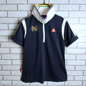 le coq sportif☆ルコック　半袖シャツ　ゴルフウェア　スポーツウェア　ハイネック　ハーフジップ　ロゴ刺繍　切替デザイン　紺　白　M