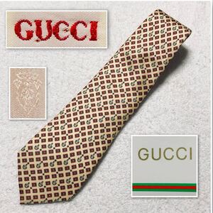 ■未使用タグ付き■GUCCI グッチ　ネクタイ　長方形　あぶみ　総柄　シルク100% イタリア製　イエロー系