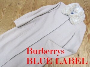 ★バーバリー Burberry ブルーレーベル★レディース 襟フェイクファー付き ウールステンカラーコート ベージュ★R61124004B