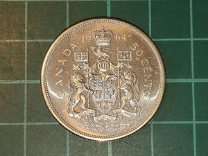 【1円スタート】カナダ　カナダドル　50セント銀貨　1964年　エリザベス2世