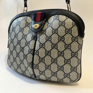 美品 GUCCI ショルダーバッグ ポシェット gg金具 pvc シェリーライン 紺 グッチ グレーネイビー インターロッキング ゴールド