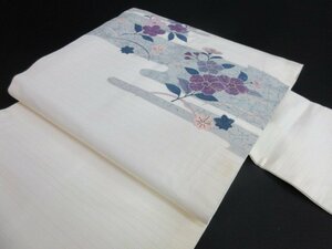 1円 中古 正絹 名古屋帯 和装 和服 絽 ヱ霞 草花 鉄線 草花 お太鼓柄 九寸帯 長さ365cm【夢職】★★