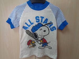  456◆70s 80s USA製 SNOOPY Rob Roy スヌーピー&ウッドストック 野球 キッズ Tシャツ◆M(5-6) 白×青 ラグラン ピーナッツ ゆうパケット5E