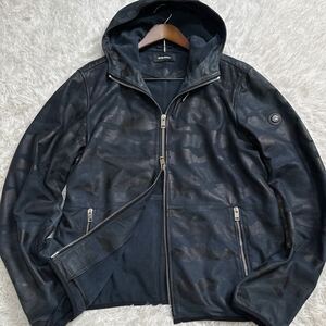 希少XXLサイズ!!! DIESEL ディーゼル カモフラ レザージャケット ジップアップブルゾン パーカー 総柄 ネイビー メンズ ロゴ メタルボタン