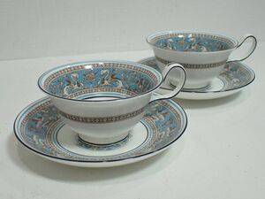 H274/8D●WEDGWOOD FLORENTINE ウェッジウッド フロレンティーン ターコイズ カップ＆ソーサー ペア 2客セット 美品●