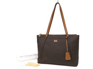 24917 美品 MICHAEL KORS マイケルコース MADDIE MEDIUM マディー MK柄 PVC×レザー ジップ 肩掛け トートバッグ ショルダーバッグ 鞄 茶系