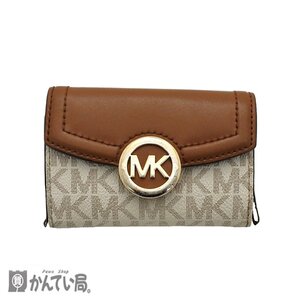 MICHAEL KORS マイケルコース 6連 キーケース MK ロゴ 金具 総柄 キャメル ホワイト PVC ポケットあり ゴールド金具 クリックポスト発送