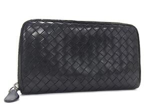 1円 BOTTEGA VENETA ボッテガヴェネタ イントレチャート レザー ラウンドファスナー 長財布 ウォレット ブラック系 GA0721