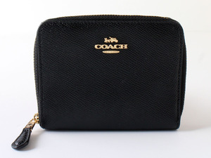 E24668 新品同様 極美品 COACH コーチ レザー ラウンドファスナー コンパクト 財布 二つ折り ブラック×ゴールド 黒 札入れ 小銭入れ 29677