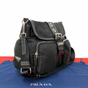 極 美品 PRADA プラダ 三角 ロゴ プレート サフィアーノ レザー ナイロン ショルダーバッグ サコッシュ ブラック レディース メンズ 47894