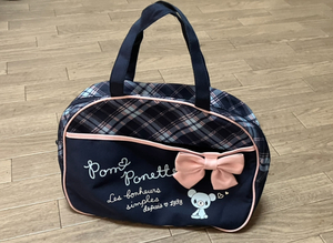 USED美品★ pom ponette ネイビー×ピンク系リボン付きかわいいボストンバッグ