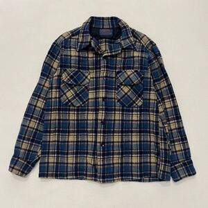 k563 美品 70s アメリカ 製 ビンテージ PENDLETON オープンカラー チェック ネル シャツ ボックス L ブルー 青 usa vintage ペンドルトン