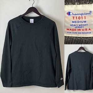 ★【USED品 国内正規品】近年 傑作 USA製 Champion チャンピオン T1011 ヘインズブランズ コットン100% 長袖 無地 ロンTシャツ M ブラック