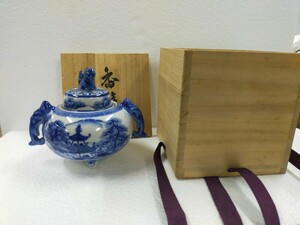 美品 九谷焼 香炉 角福 青花 茶道具 香道具 染付 色絵 金彩 古美術 陶器