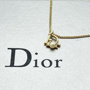 未使用級 クリスチャンディオール Christian Dior ネックレス アクセサリー トロッター オブリーク ロゴ 文字 パール 真珠 ゴールド 金色