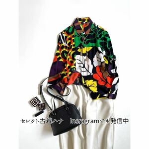 24207R GIANNI VERSACE ジャンニ ヴェルサーチ シルク シャツ マルチ　総柄 レオパード　ゼブラ　アニマル 長袖　レディース M