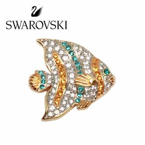 ★即決★ SWAROVSKI スワロフスキー クリスタル ブローチ 魚 熱帯魚 エンゼルフィッシュ ラインストーン ブルー イエロー 刻印あり