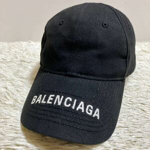 1円 【美品】 BALENCIAGA バレンシアガ キャップ バイザーロゴ L58 マジックテープ デカロゴ 黒 ブラック コットン メンズ レディース 帽子