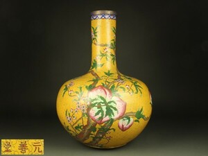 【宇】FD325 中国古玩 元善堂 黄地桃図 特大 七宝花瓶 天球瓶 幅45cm 高さ62cm 重量10.2kg●