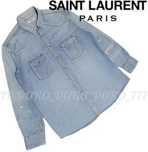 即決 希少 エディ期 サンローラン パリ SAINT LAURENT PARIS クラッシュ リメイク 長袖 デニム シャツ クリーニング済み