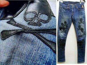 即決[W28]roen jeans MAN 2012年 スカル ドクロ 骸骨 牛革 レザー パッチワーク ストレッチ スキニー スリム デニム パンツ■2391