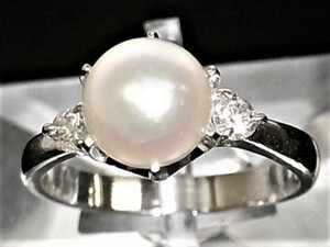 【東京 谷中 質屋おぢさん】Pt900プラチナ リング 指輪 パール8mm アコヤ真珠 ダイヤ 0.20ct