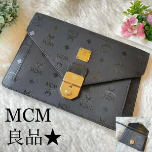 良品★ MCM エムシーエム　オールド　セカンドバッグ　クラッチバッグ　ブラック　黒　ナイロン　レザー　ゴールド金具 