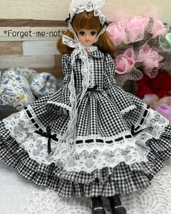 *Forget-me-not*てしごとや☆送料無料☆黒ギンガムチェック柄ワンピース☆ジェニーサイズ☆handmade☆一点物☆