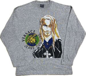 美品 ヴェルサーチ VERSACE JEANS COUTURE ロンT コットン 長袖 グレー プリント メデューサ Tシャツ カットソー 灰色 メンズ 伸縮