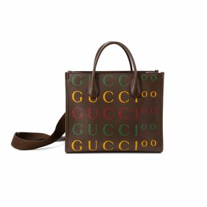 GUCCI グッチ 100周年記念 スモール トート 680956 ハンドバッグ ショルダーバッグ カーフレザー ブラウン×マルチ×ゴールド ユニセックス