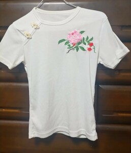 チャイナ服風半袖Tシャツ、ピタTシャツ、ちびTシャツ 花刺繍/フラワー、ローズ