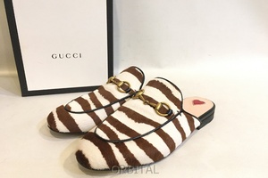 二子玉)GUCCI グッチ ゼブラハラコミュール フラット ビットローファーサンダル レザー ホワイト×ブラウン レディース 35 22.5cm