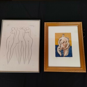 古民家整理品】 額装 絵 絵画 額入り 作者不明 サイン在り 2点まとめ / 線画 人物画 女性像 裸婦画 芸術 【現状品】