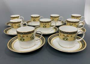 山499 WEDGWOOD ウェッジウッド インディア コーヒー カップ&ソーサー 9客セット 英国製 イエロー 金彩 華柄