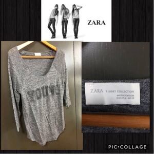 ◆ZARA ザラ 長袖 カットソー リネン生地 ロゴプリント ミックスグレー レディースM ポルトガル製 比較的綺麗　送料無料