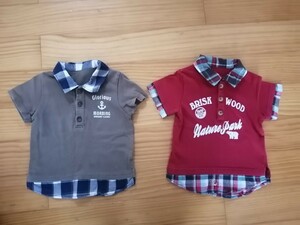 千趣会 ベビー キッズ 80 半袖 重ね着風 半袖シャツ 2枚セット 男の子 カットソー トップス まとめ売り 赤 チェック柄 ポロシャツ