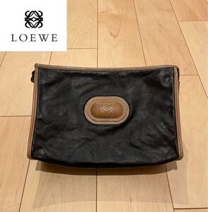 美品【LOEWE】クラッチ 革 ポーチ 黒 口エベ 旧ロゴ