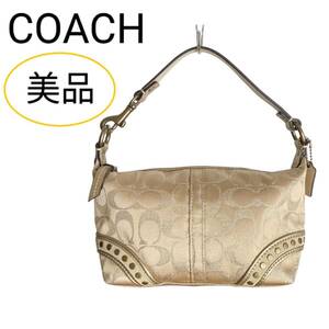 美品 COACH シグネチャー ミニ ハンドバッグ ラメ ポーチ ゴールド バッグ コーチ 