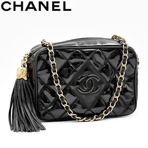 【A02499】CHANEL シャネル マトラッセ ココマーク エナメル フリンジ ミニチェーンショルダーバッグ ブラック