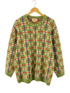 GUCCI◆ネックスタッズニット/XL/ウール/GRN/総柄/713571 XKCOZ//