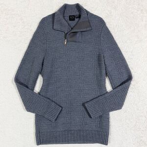 美品/アルマーニエクスチェンジ【大人のお洒落】ARMANI ニット セーター ロゴ刺繍 ハーフジップ ウール グレー 大きめサイズ