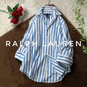 ラルフローレン　コットンストライプシャツ　七分袖　ロゴ刺繍　ポニー　白青　6サイズ　RALPH LAUREN GOLF　ゴルフ