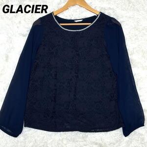 542【グラシア】/GLACIER/ブラウス/長袖/レース/L/ネイビー/古着/服/トップス/レディース/女性