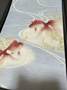 日舞家所蔵品★【特選新品】夏帯 京都老舗銘店「京ごふく細尾」37万 近江産 本麻「金魚 流水文様」手描き本染 水色 太鼓柄 京袋帯